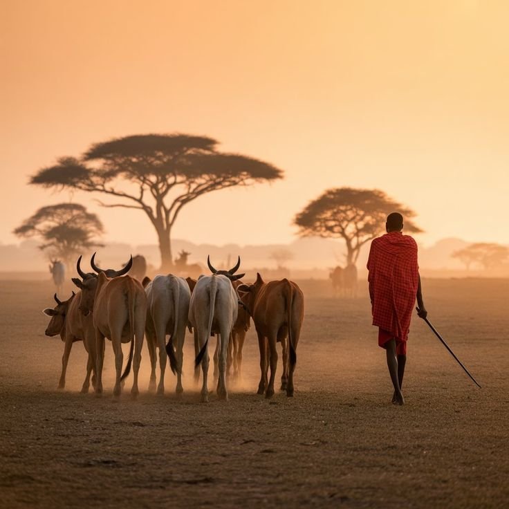 A Maasai herder walking cattle at sunset