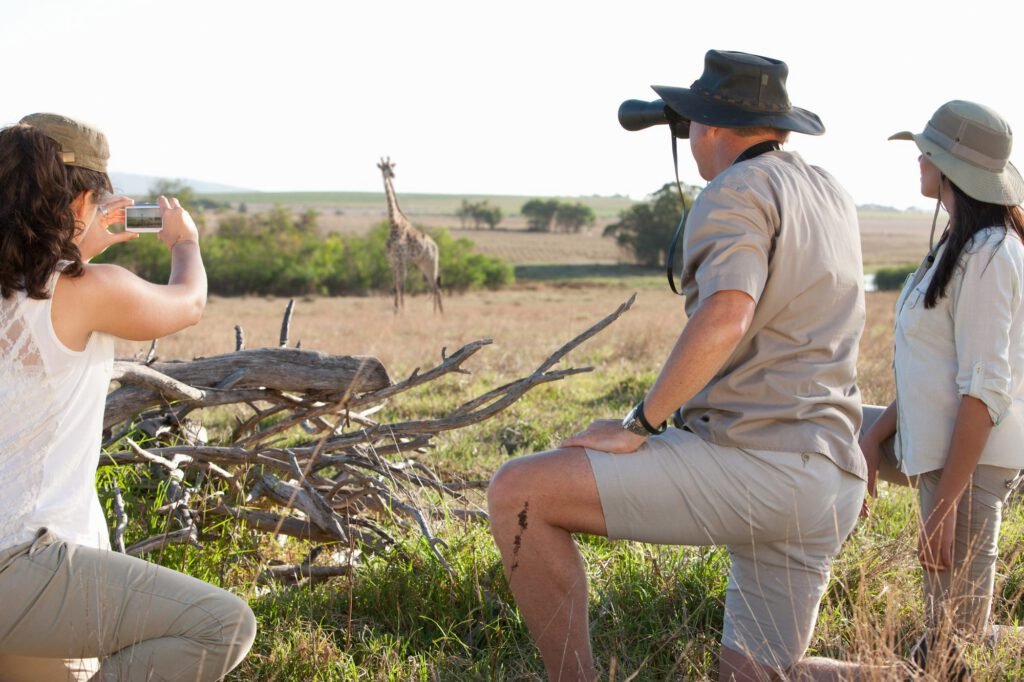 Guests on a walking safari watching a giraffe