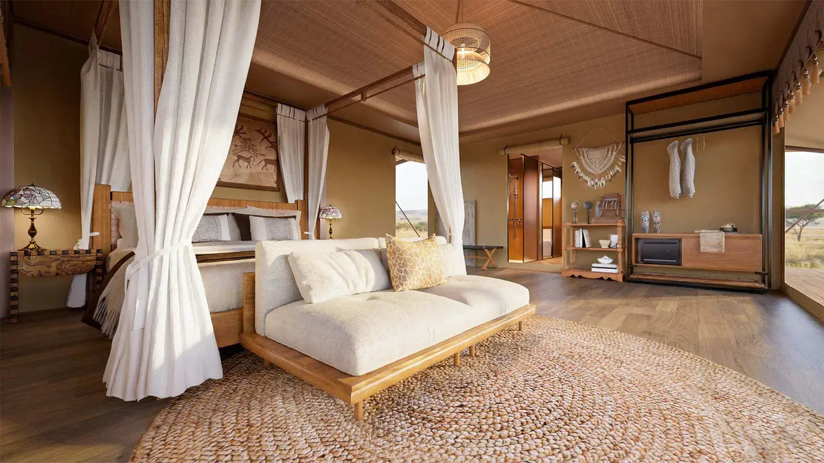 Single Tent: four-poster king bed with sheer canopy and woven rug