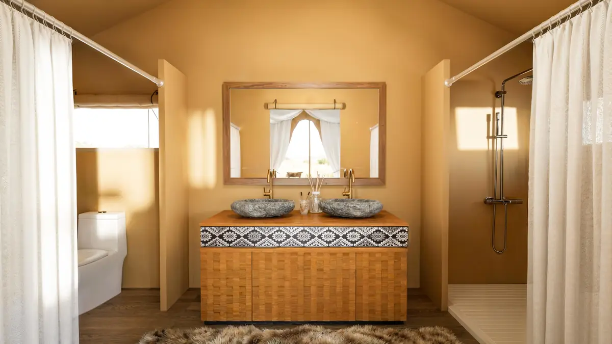 Double stone-basin vanity with Moroccan tilework